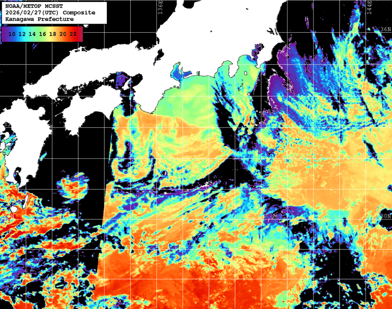 NOAA、MetOp 人工衛星画像 検索結果, 水温分布を図示