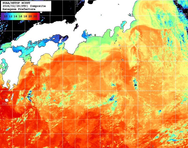 NOAA、MetOp 人工衛星画像 検索結果, 水温分布を図示