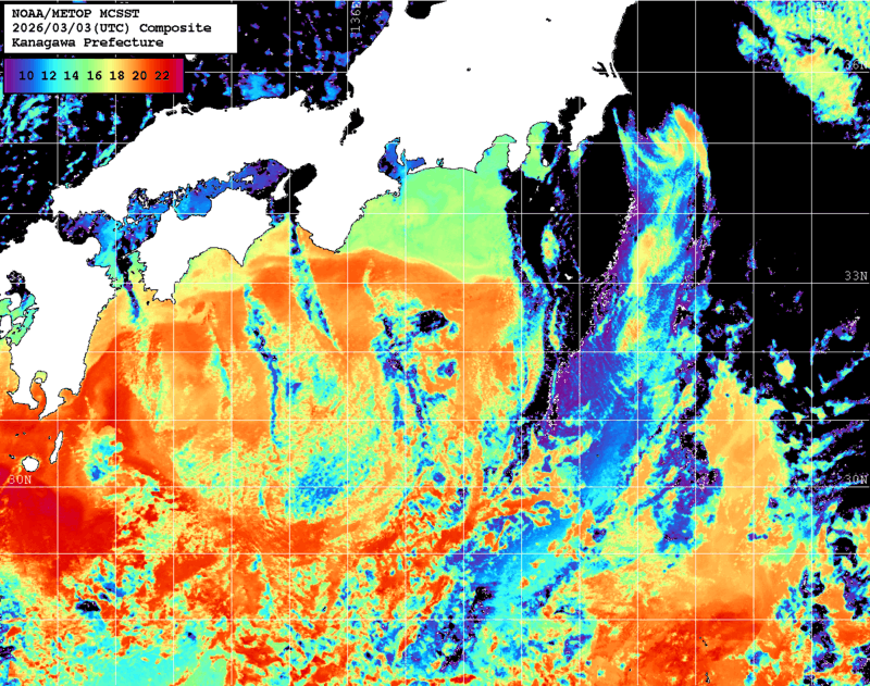 NOAA、MetOp 人工衛星画像 検索結果, 水温分布を図示