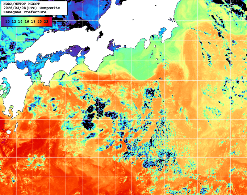 NOAA、MetOp 人工衛星画像 検索結果, 水温分布を図示