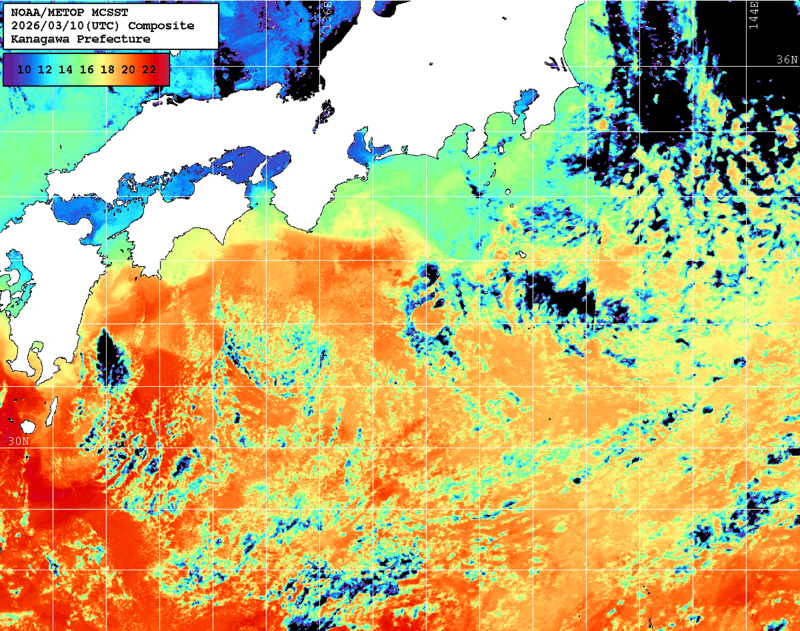 NOAA、MetOp 人工衛星画像 検索結果, 水温分布を図示