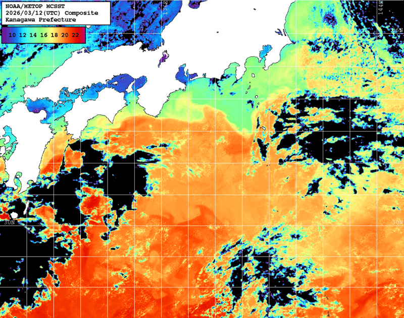 NOAA、MetOp 人工衛星画像 検索結果, 水温分布を図示