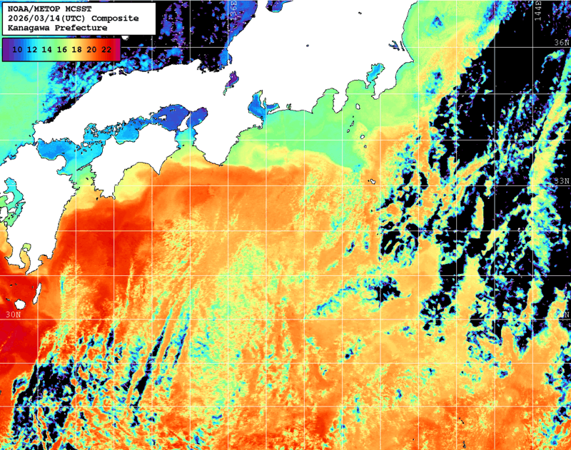 NOAA、MetOp 人工衛星画像 検索結果, 水温分布を図示