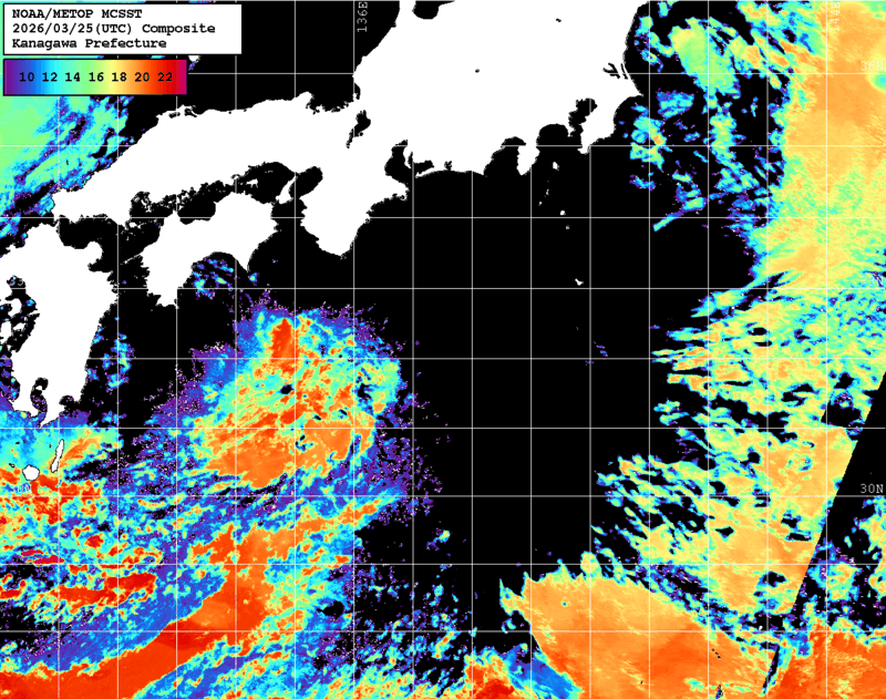 NOAA、MetOp 人工衛星画像 検索結果, 水温分布を図示
