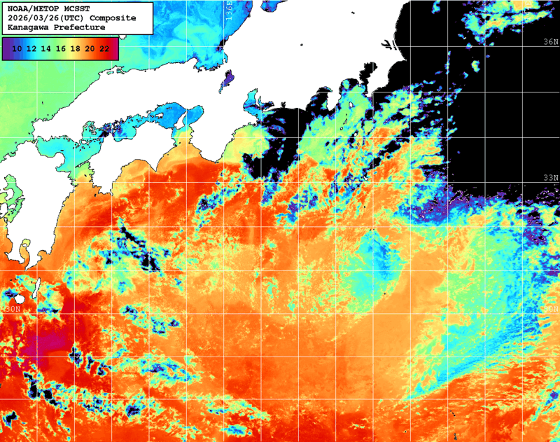 NOAA、MetOp 人工衛星画像 検索結果, 水温分布を図示
