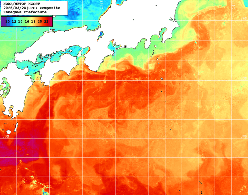NOAA、MetOp 人工衛星画像 検索結果, 水温分布を図示