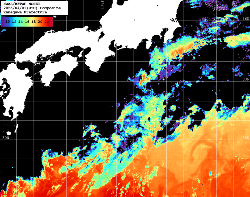 NOAA、MetOp 人工衛星画像 検索結果, 水温分布を図示