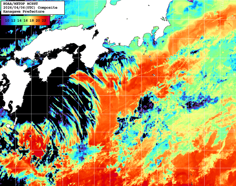 NOAA、MetOp 人工衛星画像 検索結果, 水温分布を図示