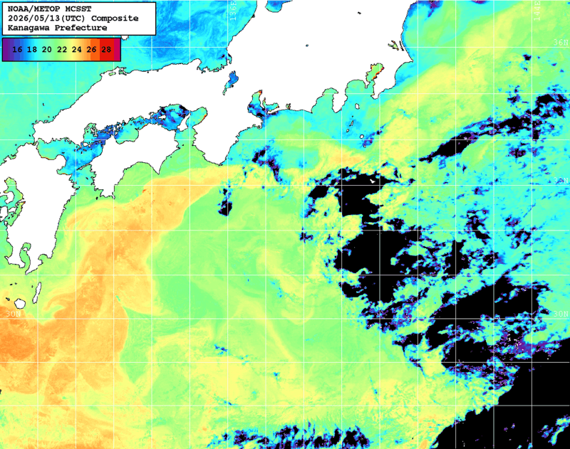 NOAA、MetOp 人工衛星画像 検索結果, 水温分布を図示