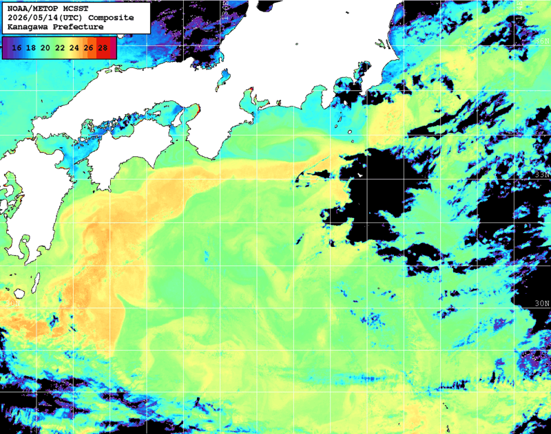 NOAA、MetOp 人工衛星画像 検索結果, 水温分布を図示