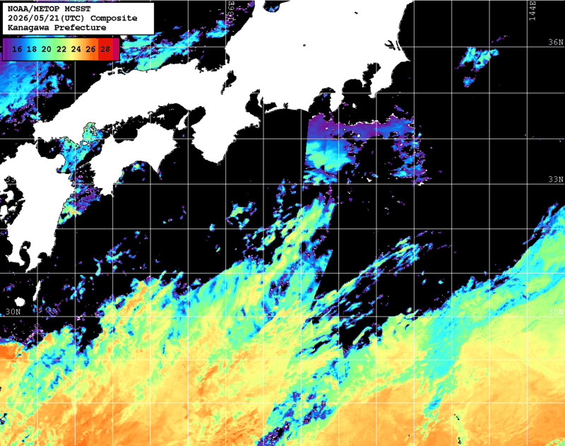 NOAA、MetOp 人工衛星画像 検索結果, 水温分布を図示