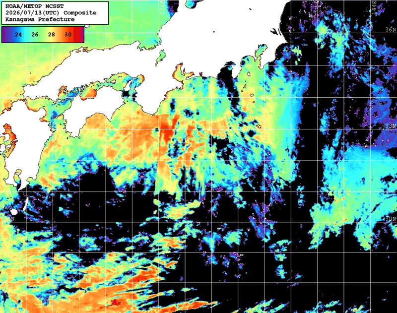 NOAA、MetOp 人工衛星画像 検索結果, 水温分布を図示