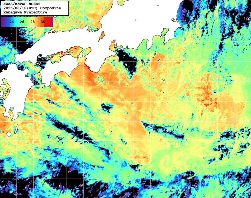 NOAA、MetOp 人工衛星画像 検索結果, 水温分布を図示
