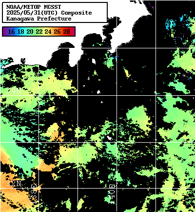 NOAA、MetOp 人工衛星画像 検索結果, 水温分布を図示