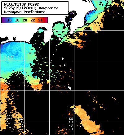 NOAA、MetOp 人工衛星画像 検索結果, 水温分布を図示
