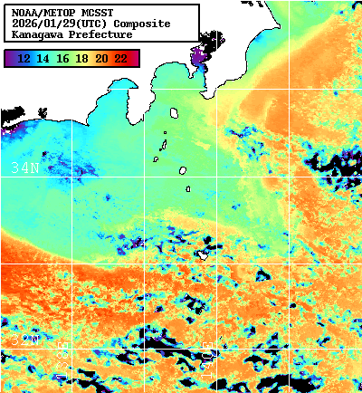 NOAA、MetOp 人工衛星画像 検索結果, 水温分布を図示