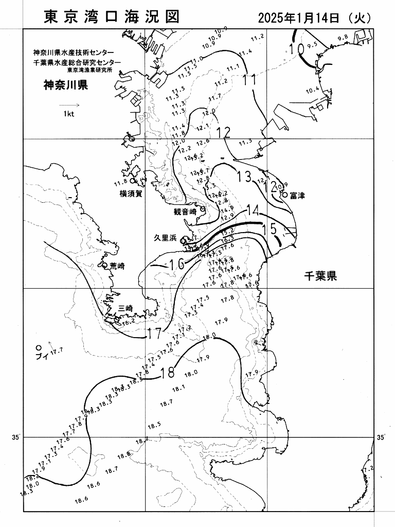 海況図, 東京湾口海況図 検索結果, (水温分布 等を図示)