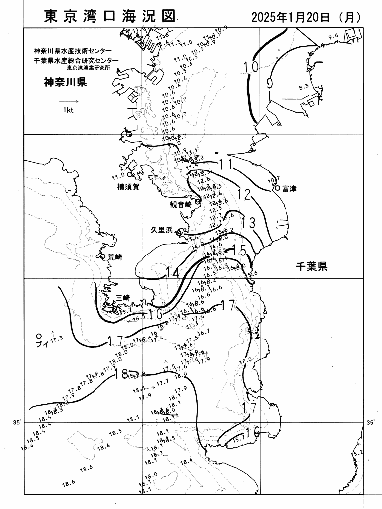 海況図, 東京湾口海況図 検索結果, (水温分布 等を図示)