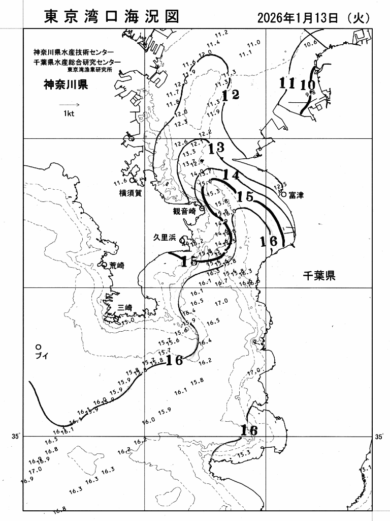 海況図, 東京湾口海況図 検索結果, (水温分布 等を図示)