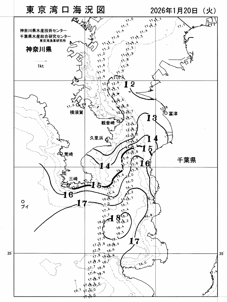 海況図, 東京湾口海況図 検索結果, (水温分布 等を図示)