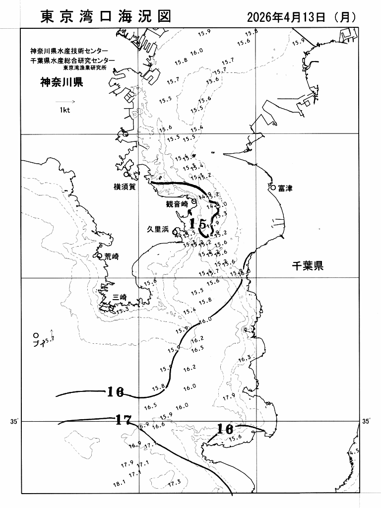 海況図, 東京湾口海況図 検索結果, (水温分布 等を図示)